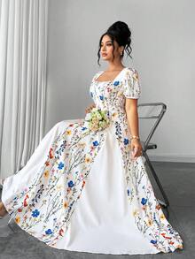 Elenzga Đầm chữ A tay cánh hoa cổ vuông thanh lịch dành cho nữ cỡ lớn, viền bèo nhún, thích hợp cho mùa xuân/hè. - Nhiều màu - Xem 5