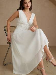 Aveloria Rosie Lightweight Chiffon Fabric, Pure White, Minimalist Modern Style, Deep V-Neck Design, Ruched Waist Element, Ruffled Hem, Soft Material, A-Line Floating Silhouette, Elegant Flowing Feel, Slimming Fit, Romantic Date, Summer Party, Beach Vacation, Bridesmaid, Art Exhibition, Evening Gala, Multi-Occasion Suitable. Fashionable Design Sense, Versatile Casual Women V-Neck Ruched Waist Sleeveless Long Dress - White - View 6