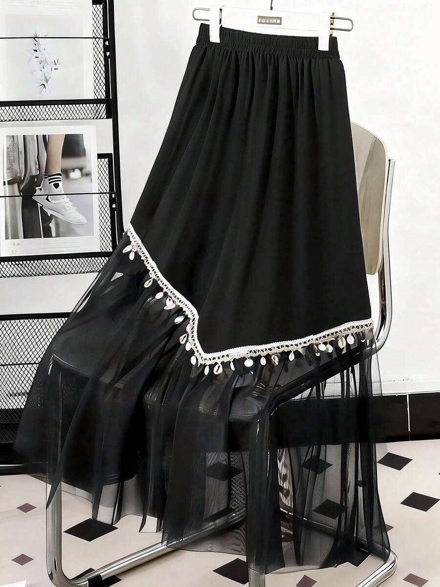 GlowEve CURVE Plus Size Women Bohemian Contrast Mesh Skirt, Spring/Summer - Black - View 1