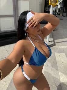 Swim SXY 大码女式两件套纯色挂脖系带性感沙滩度假比基尼泳装 - 綠色 - 查看 6