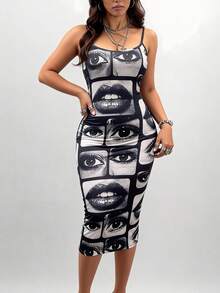 Slouenne Slouenne Đầm dệt kim in kỹ thuật số dài đến đầu gối, dây đeo có thể điều chỉnh, dành cho nữ, mùa hè. - màu đen - Xem 5