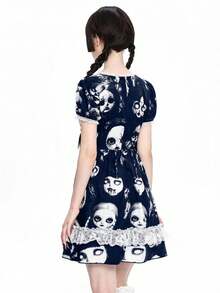 ROMWE Goth Vestido corto con estampado de muñeca de bruja oscura gótica con aplicaciones de encaje para mujeres - Azul Marino - Ver 6