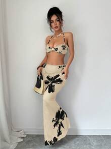 Selianne Bộ bikini 3 mảnh mới dành cho nữ, họa tiết hoa và trang trí vỏ sò, gồm áo hở lưng và váy maxi lưới, trang phục bơi lội mùa hè cho kỳ nghỉ. - Nhiều màu - Xem 3