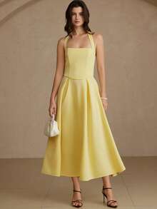 Aveloria Rosie Elegant Retro French Chic Dopamine Color Halter Waist Cinching Sexy A-Line Pleated Midi Dress, Structured Tailoring, Concealed Back Zipper, Women's Spring/Summer New, Suitable For Dates, Vacations, Weddings, Parties, And Everyday Wear - Yellow - View 5