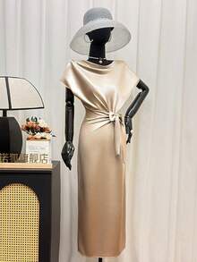 GlowEve 女士优雅系带中长连衣裙，适合派对穿着 - 杏色 - 查看 3