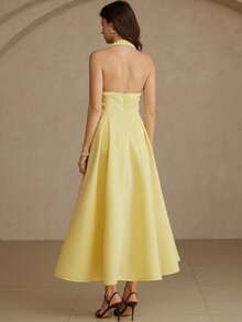 Aveloria Rosie Elegant Retro French Chic Dopamine Color Halter Waist Cinching Sexy A-Line Pleated Midi Dress, Structured Tailoring, Concealed Back Zipper, Women's Spring/Summer New, Suitable For Dates, Vacations, Weddings, Parties, And Everyday Wear - Yellow - View 2