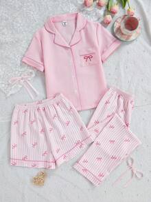 3pcs Girls Bubble Gingham Print Shirt, Butterfly Shorts & Pants Pajama Set, Casual Loungewear - Multicolor - View 1
