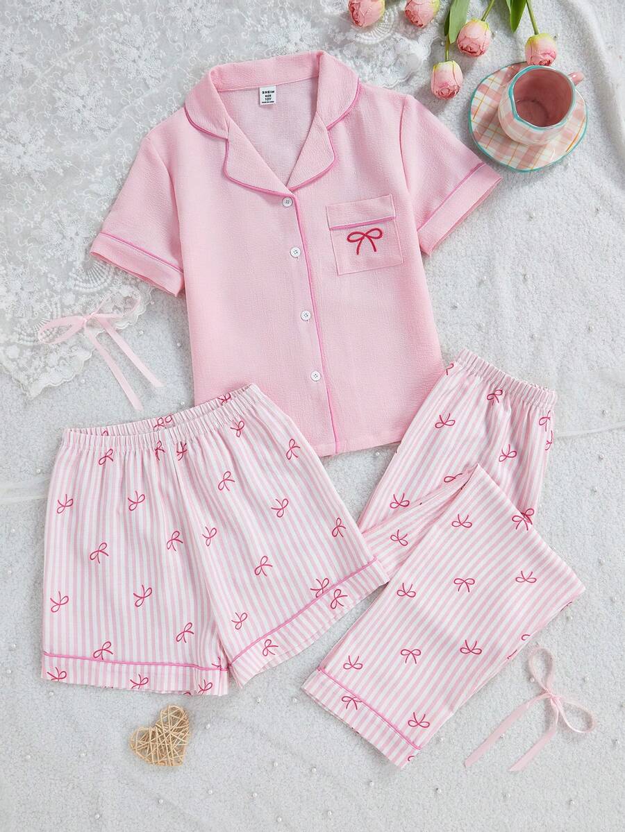3pcs Girls Bubble Gingham Print Shirt, Butterfly Shorts & Pants Pajama Set, Casual Loungewear - Multicolor - View 1
