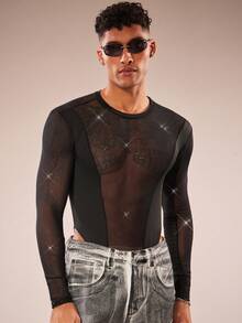 FeverCity Men's Round Neck Long Sleeve Mesh Patchwork Sexy Sheer Jumpsuit - Black - View 5