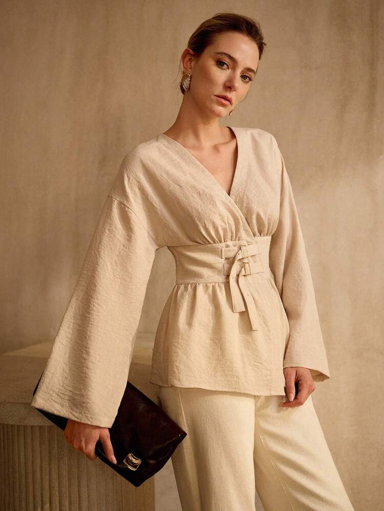 ELEGANT HIGH-END DESIGN ADJUSTABLE BUCKLE CINCHED WAIST V-NECK LONG SLEEVE LINEN BLOUSE