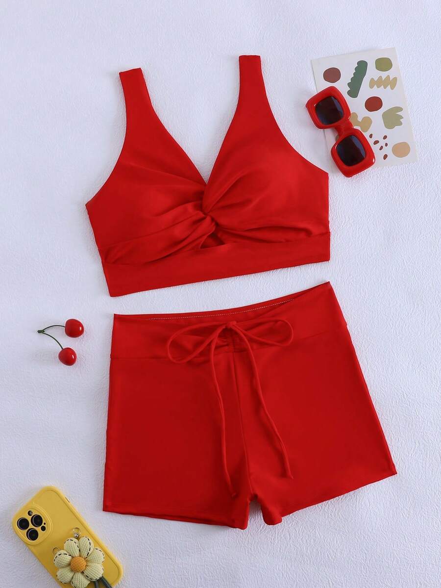 Swim Vcay Women's Solid Color Minimalist Daily Swimwear - Red - View 1