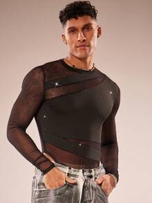 FeverCity Mono de manga larga con cuello redondo de unicolor y parches de malla para hombres - Negro - Ver 4