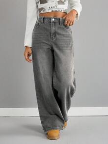 Quần jeans ống rộng cạp thấp màu xanh cổ điển dành cho bé gái tuổi teen - Xám - Xem 6