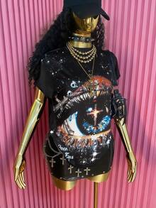 Rovax Women's Y2K Summer Casual Vest With Letter And Eye Print, Round Neck, Sleeveless Design, 2000s Style, Suitable For Street Wear, Casual Occasions, Music Festivals, Commuting, And Everyday Wear. - Multicolor - View 4