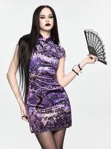 ROMWE Goth 新款中国风钻石丝绒蛇纹新月图腾箔印侧开衩女式短裙 - 彩色 - 查看 1