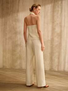 MOTF PREMIUM 2 PIEZAS CONJUNTO DE MUJER: TOP HALTER SIN ESPALDA + PANTALONES RECTOS SLIM, ESTILO RETRO - Albaricoque - Ver 4