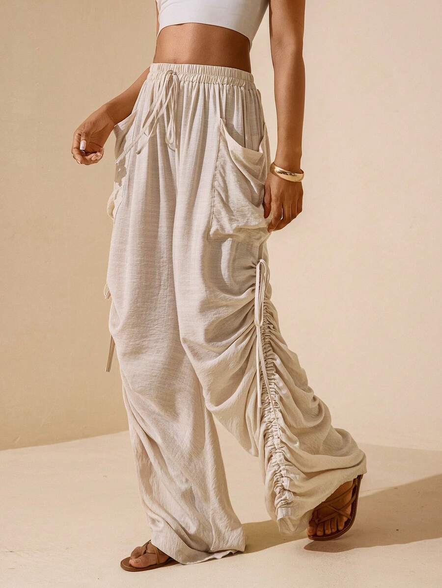 Vesra 女士纯色抽绳腰带口袋褶皱休闲百搭日常裤 - 杏色 - 查看 1