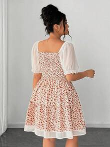 Vestido corto de estilo francés para mujer de talla grande, con nuevo diseño de verano, cuello cuadrado, mangas de pétalos de gasa, cintura ceñida y ajuste delgado - Rosa - Ver 2