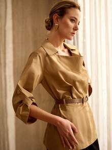 MOTF PREMIUM 100% COTTON 3/4 SLEEVE LOOSE BELTED SHIRT, VINTAGE STYLE - Khaki - View 3