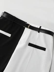GlowEve CURVE 大码女式简约时尚商务黑白撞色腰带直筒裤，春夏款 - 黑與白 - 查看 7