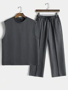 Manfinity Homme Men's Vest And Pants Set, Slim Fit, Grey Vest Set, All-Match Style, Suitable For Daily Wear, Casual And Versatile - Dark Grey - View 2