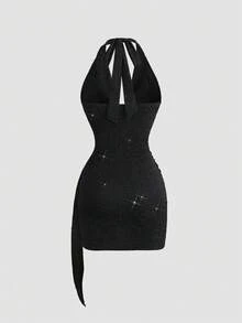 SHEIN Sweetro 女士性感无袖露背垂褶领针织连衣裙，饰有金属扣，适合春、夏、秋季穿着。 - 黑色 - 查看 2