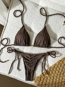 Elavelle Ensemble de bikini en tissu jacquard avec décorations métalliques tressées pour femmes, printemps/été - Tabac - Voir 3