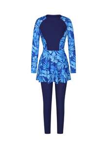 Swim Mulvari 新款夏季女士圆领长袖收腰纯色拼接蓝色花卉印花连衣裙和裤子休闲度假比基尼套装 - 藍色 - 查看 8