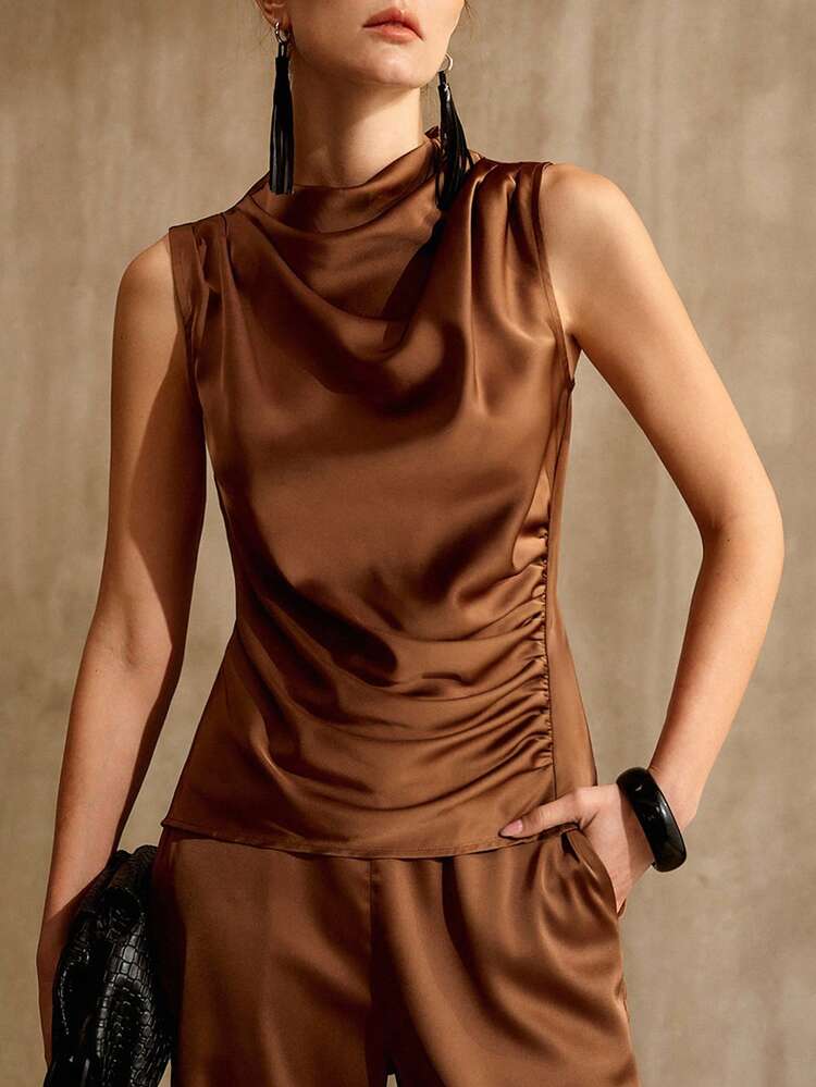2PCS SET: SLEEVELESS SATIN DRAPE NECK TOP AND STRAIGHT LEG SATIN PANTS, VINTAGE STYLE, SPRING/SUMMER