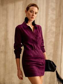 MOTF PREMIUM 100% 亚麻两件套：女士长袖衬衫和迷你裙，春夏款 - 紫色 - 查看 8