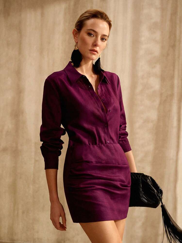 100% RAMIE 2 PIECES SET: WOMEN'S LONG SLEEVE SHIRT AND MINI SKIRT, SPRING/SUMMER, LINEN