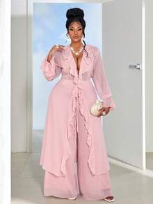 Maweii Plus Size Women Deep V-Neck Ruffle Hem Long Top And Wide Leg Pants Casual Suit Fall - Dusty Pink - View 2