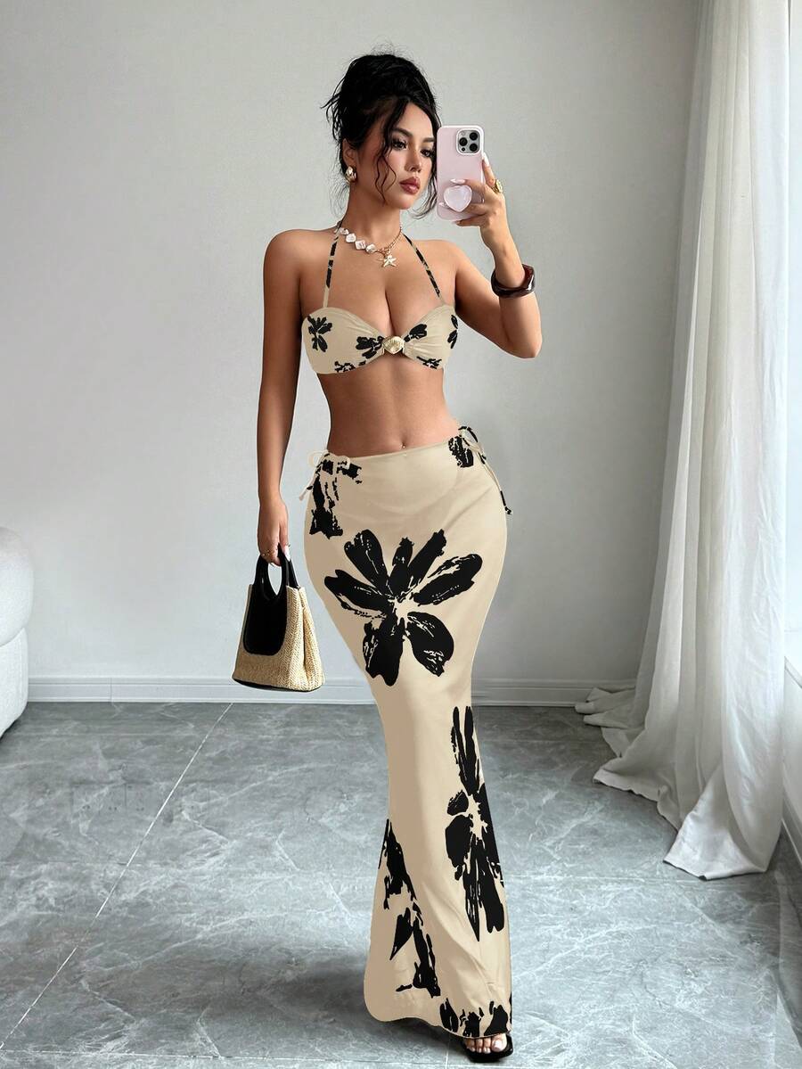 Selianne Bộ bikini 3 mảnh mới dành cho nữ, họa tiết hoa và trang trí vỏ sò, gồm áo hở lưng và váy maxi lưới, trang phục bơi lội mùa hè cho kỳ nghỉ. - Nhiều màu - Xem 1