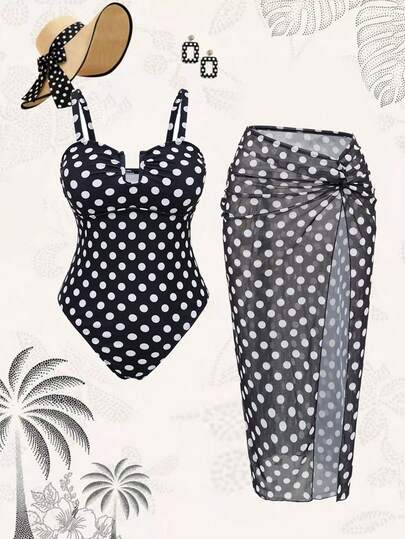 Swim Oasis Traje de baño de 2 piezas con lunares, escote en V sexy, drapeado, tirantes ajustables y falda de malla para mujer talla grande, ideal para vacaciones