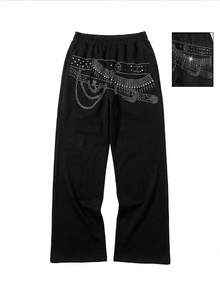 ROMWE Grunge Punk Pantalón de chándal ancho con estampado, cinturón de mujer casual punk con remaches, estilo Y2K - Negro - Ver 6