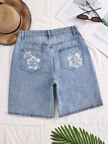 Rivivi Women's Casual Washed Denim Straight Leg Shorts Jeans With Designs Light Wash Jeans Flower Print Jeans - Light Wash - View 2