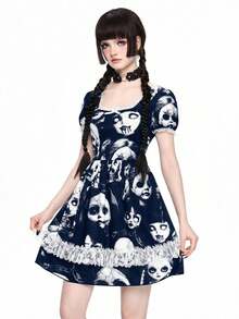 ROMWE Goth Vestido corto con estampado de muñeca de bruja oscura gótica con aplicaciones de encaje para mujeres - Azul Marino - Ver 5