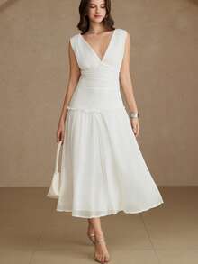 Aveloria Rosie Lightweight Chiffon Fabric, Pure White, Minimalist Modern Style, Deep V-Neck Design, Ruched Waist Element, Ruffled Hem, Soft Material, A-Line Floating Silhouette, Elegant Flowing Feel, Slimming Fit, Romantic Date, Summer Party, Beach Vacation, Bridesmaid, Art Exhibition, Evening Gala, Multi-Occasion Suitable. Fashionable Design Sense, Versatile Casual Women V-Neck Ruched Waist Sleeveless Long Dress - White - View 4