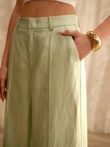 MOTF PREMIUM 亚麻混纺阔腿裤，前缝设计，复古风格，春夏款 - 薄荷綠 - 查看 5