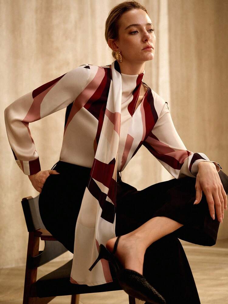 VINTAGE-STYLE COLOR BLOCK PRINT TIE NECK LONG SLEEVE SATIN BLOUSE, SPRING/SUMMER