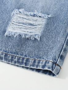 SHEIN Tween Boys' Fashionable Street-Style Slim-Fit Distressed Light Wash Blue Denim Shorts, Casual Versatile - Medium Wash - View 5