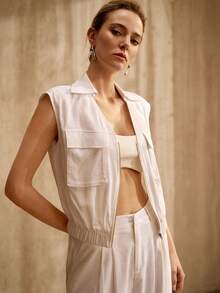 MOTF PREMIUM WOMEN'S WHITE SLEEVELESS LOOSE ZIP ELASTIC WAIST ELEGANT COMMUTER BLAZER - White - View 4