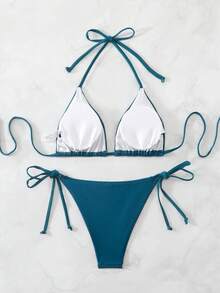 Swim Basics 2pcs Women's Twist Front Cropped Tankini Bikini Set Set Blue Teal Swim - Teal Blue - View 7