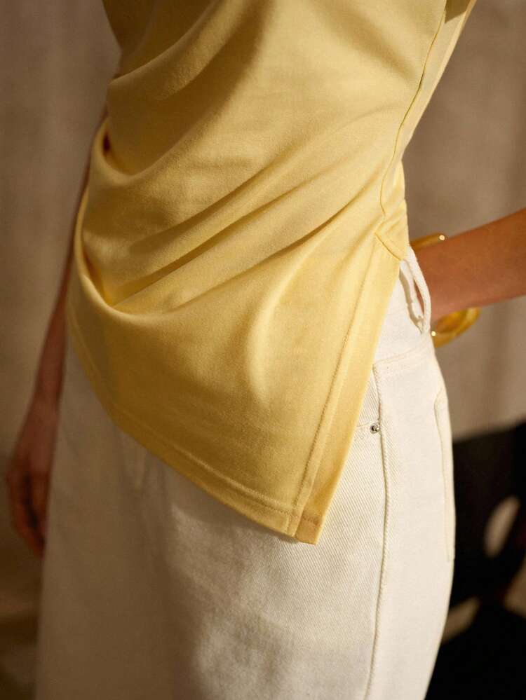 COTTON ASYMMETRIC HEM RUCHED BOAT NECK SHORT SLEEVE T-SHIRT, SPRING/SUMMER