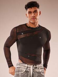 FeverCity Mono de manga larga con cuello redondo de unicolor y parches de malla para hombres - Negro - Ver 5
