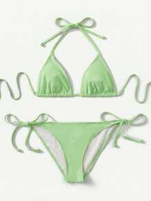 SHEIN Swim Basics 女士性感露背系带开衩比基尼套装，简约纯色，适合海滩度假 - 綠色 - 查看 1