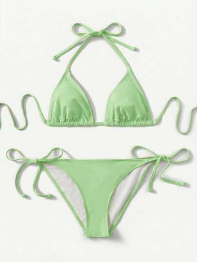 Swim Basics Sexigt rygglöst bikiniset med knytband framtill, minimalistisk enfärgad för strandsemester