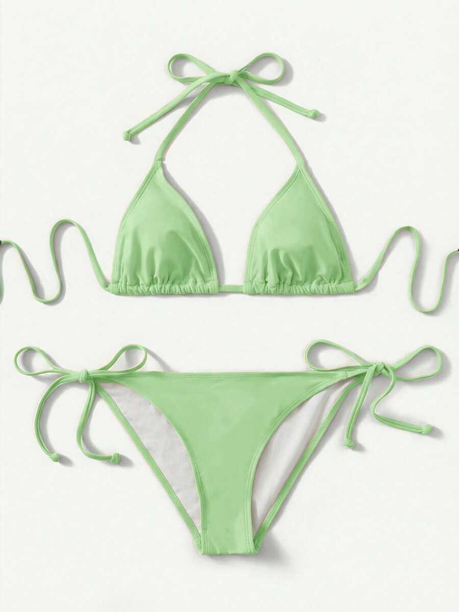 SHEIN Swim Basics 女士性感露背系带开衩比基尼套装，简约纯色，适合海滩度假 - 綠色 - 查看 1