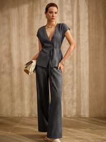 MOTF PREMIUM WOMEN'S BLUE BELTED SLEEVELESS TOP & WIDE LEG JEANS , SPRING/SUMMER DENIM SET - Blue - View 6