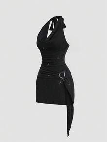 SHEIN Sweetro 女士性感无袖露背垂褶领针织连衣裙，饰有金属扣，适合春、夏、秋季穿着。 - 黑色 - 查看 6